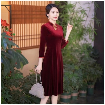 Rochie în stil cheongsam, poliester, midi în linie A, guler stand, mâneci 3/4
