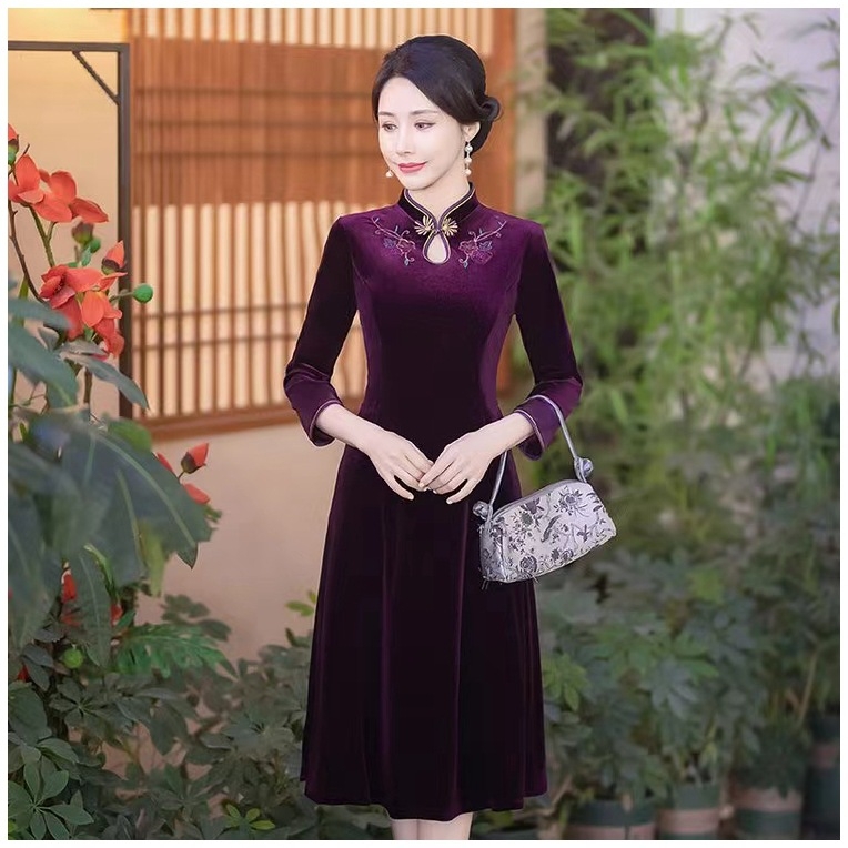 Rochie în stil cheongsam, poliester, midi în linie A, guler stand, mâneci 3/4