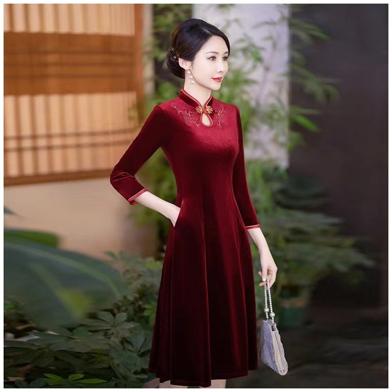 Rochie în stil cheongsam, poliester, midi în linie A, guler stand, mâneci 3/4