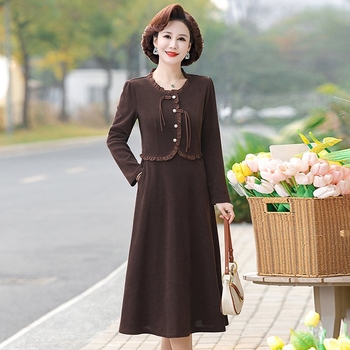 Rochie pentru femei de vârstă mijlocie, fustă de lungime medie, mâneci 3/4, guler polo, poliester