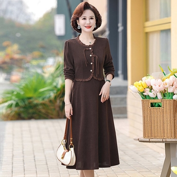 Rochie pentru femei de vârstă mijlocie, fustă de lungime medie, mâneci 3/4, guler polo, poliester