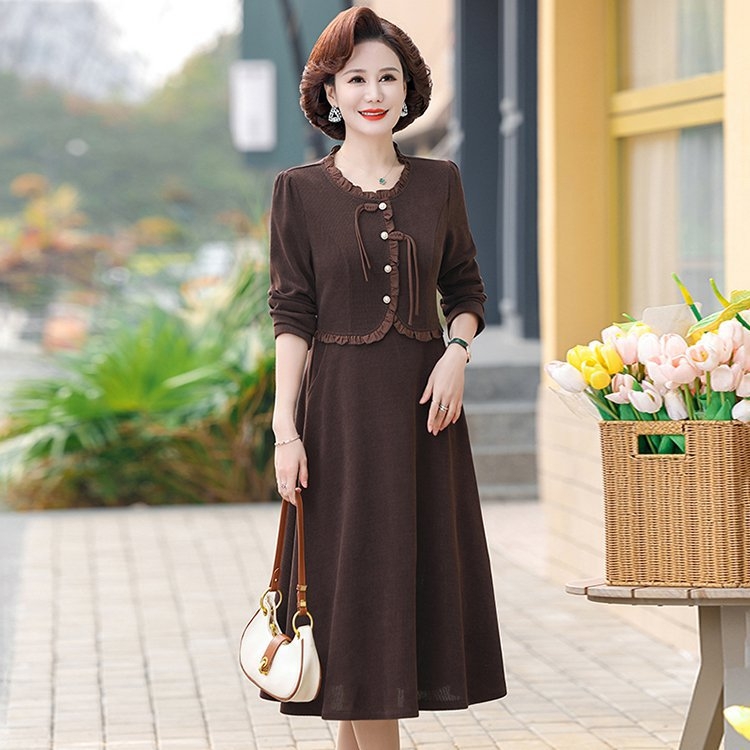 Rochie pentru femei de vârstă mijlocie, fustă de lungime medie, mâneci 3/4, guler polo, poliester