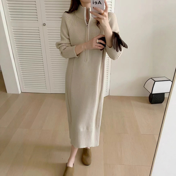 Rochie tricotată cu fermoar parțial, guler înalt, mâneci lungi, lungă, material tricotat