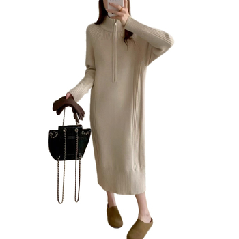 Rochie tricotată cu fermoar parțial, guler înalt, mâneci lungi, lungă, material tricotat