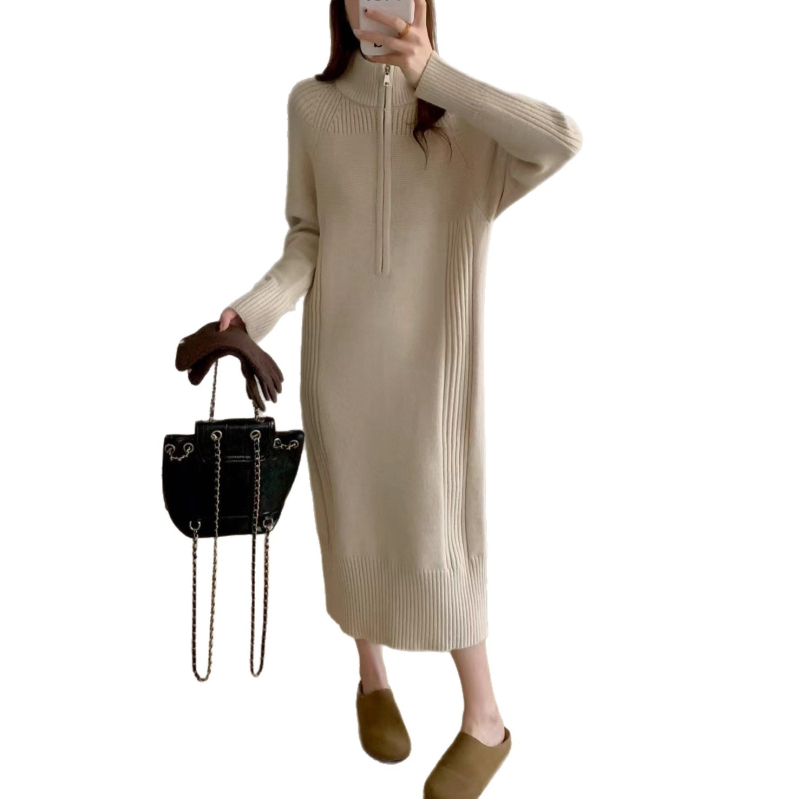 Rochie tricotată cu fermoar parțial, guler înalt, mâneci lungi, lungă, material tricotat