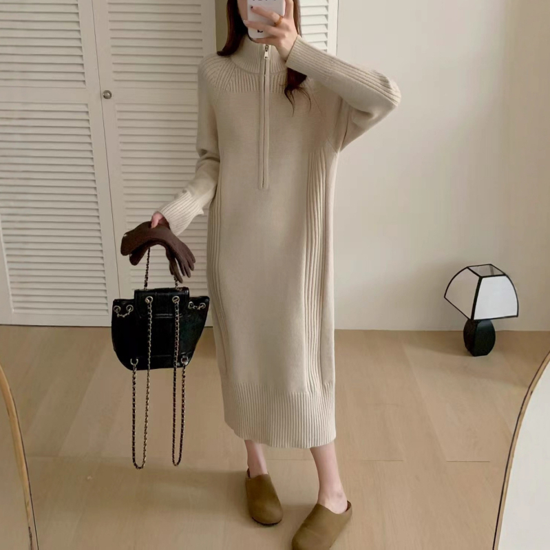 Rochie tricotată cu fermoar parțial, guler înalt, mâneci lungi, lungă, material tricotat