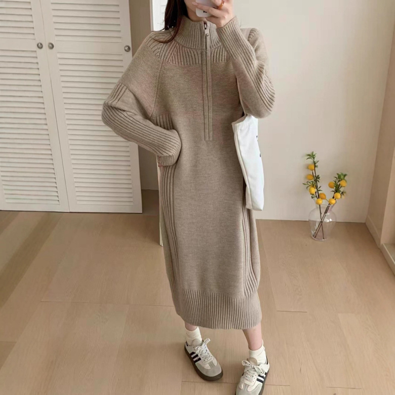 Rochie tricotată cu fermoar parțial, guler înalt, mâneci lungi, lungă, material tricotat