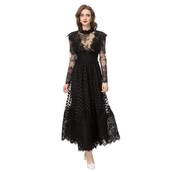 Rochie din plasă cu dantelă, guler înalt, mâneci lungi, talie înaltă