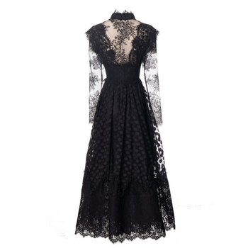 Rochie din plasă cu dantelă, guler înalt, mâneci lungi, talie înaltă