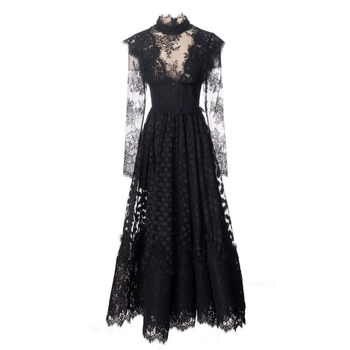 Rochie din plasă cu dantelă, guler înalt, mâneci lungi, talie înaltă