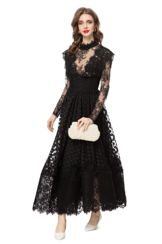 Rochie din plasă cu dantelă, guler înalt, mâneci lungi, talie înaltă