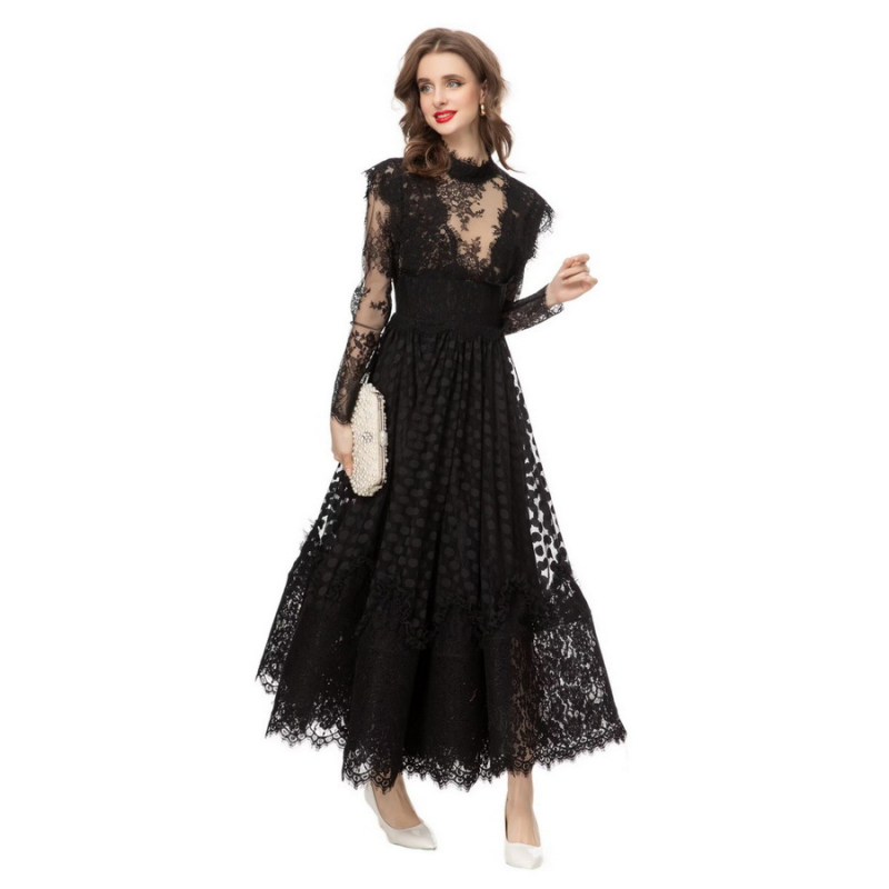 Rochie din plasă cu dantelă, guler înalt, mâneci lungi, talie înaltă