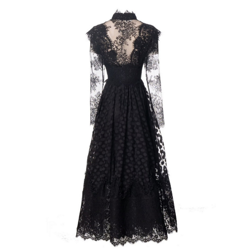 Rochie din plasă cu dantelă, guler înalt, mâneci lungi, talie înaltă