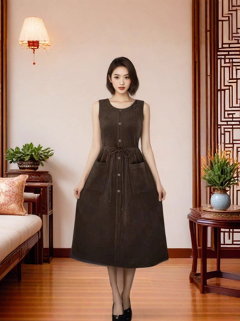 Rochie corduroy, croială în A-line, guler rotund, lungime lungă, amestec poliester