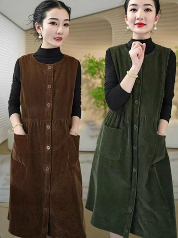 Rochie corduroy, croială în A-line, guler rotund, lungime lungă, amestec poliester