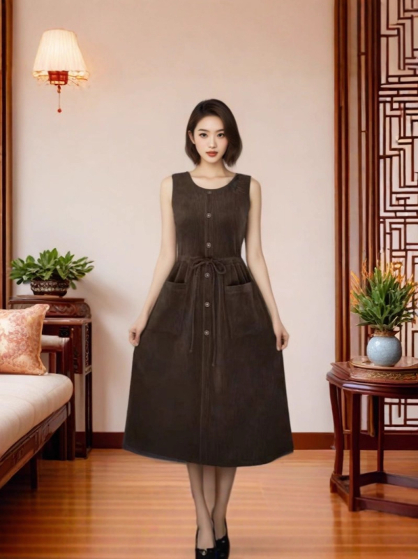 Rochie corduroy, croială în A-line, guler rotund, lungime lungă, amestec poliester