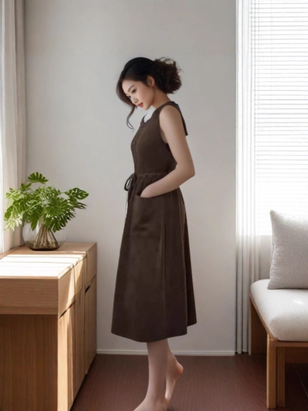 Rochie corduroy, croială în A-line, guler rotund, lungime lungă, amestec poliester