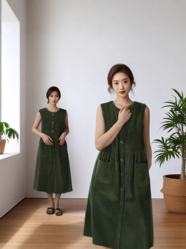 Rochie corduroy, croială în A-line, guler rotund, lungime lungă, amestec poliester