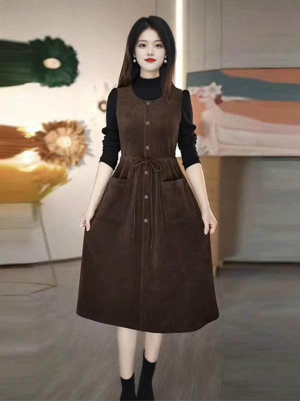 Rochie corduroy, croială în A-line, guler rotund, lungime lungă, amestec poliester