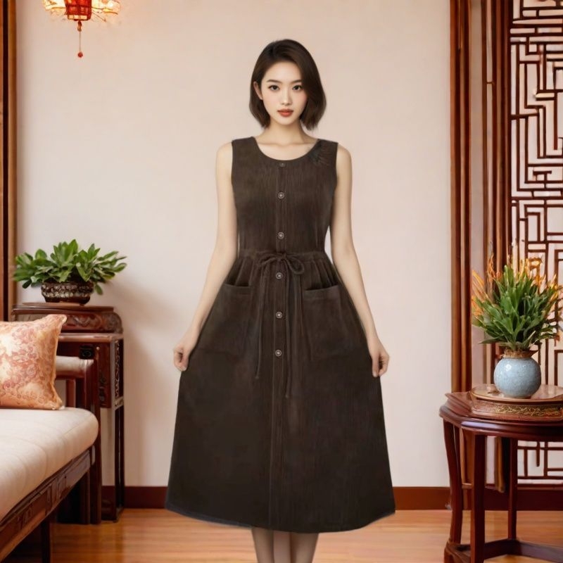 Rochie corduroy, croială în A-line, guler rotund, lungime lungă, amestec poliester