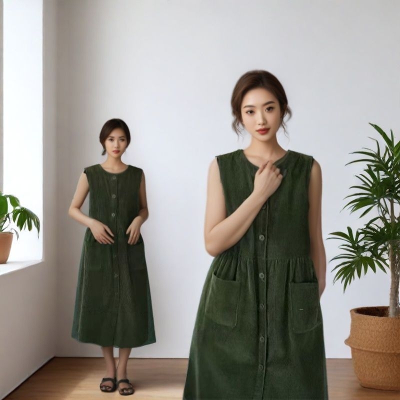 Rochie corduroy, croială în A-line, guler rotund, lungime lungă, amestec poliester