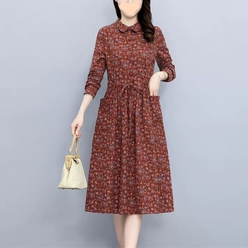 Rochie cu imprimeu floral pentru femei, mâneci lungi, guler polo, lungime medie, poliester 95%+