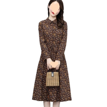 Rochie cu imprimeu floral pentru femei, mâneci lungi, guler polo, lungime medie, poliester 95%+