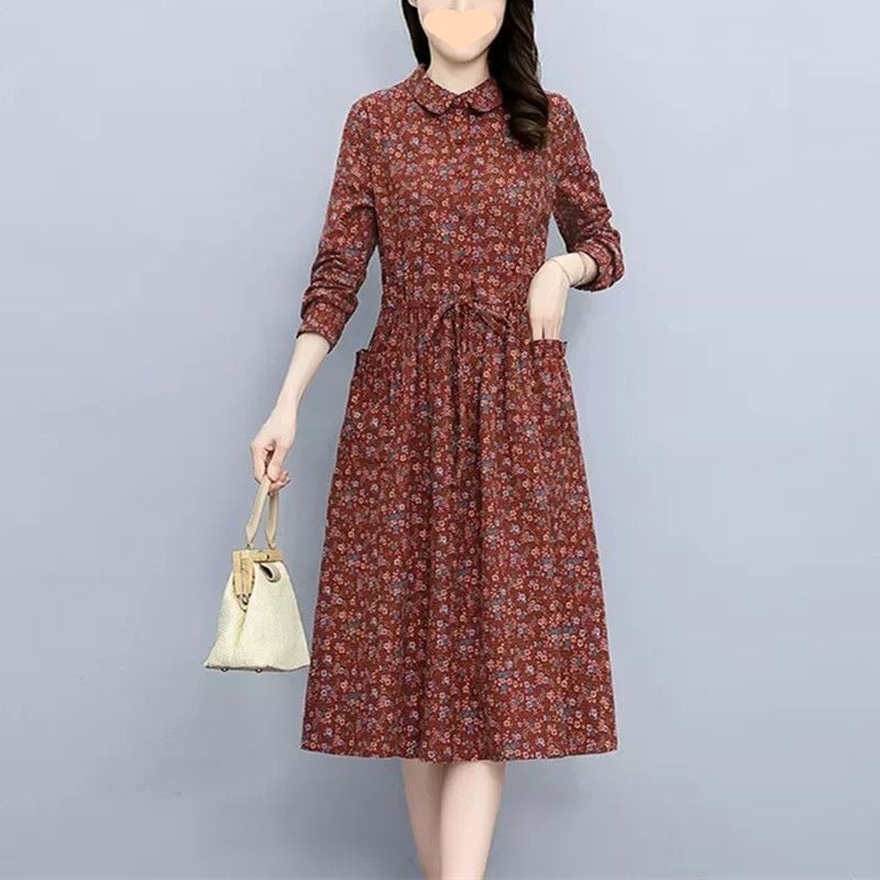 Rochie cu imprimeu floral pentru femei, mâneci lungi, guler polo, lungime medie, poliester 95%+