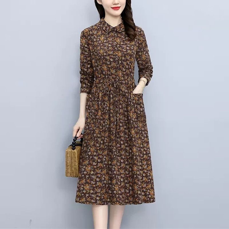 Rochie cu imprimeu floral pentru femei, mâneci lungi, guler polo, lungime medie, poliester 95%+