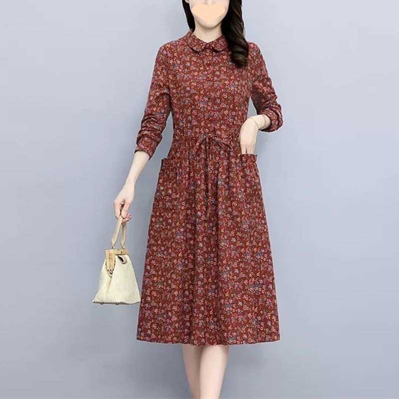 Rochie cu imprimeu floral pentru femei, mâneci lungi, guler polo, lungime medie, poliester 95%+