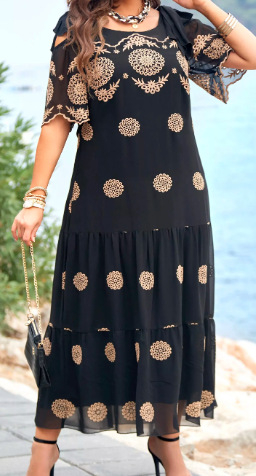 Rochie midi din poliester cu model geometric, guler rotund, mâneci scurte, talie relaxată