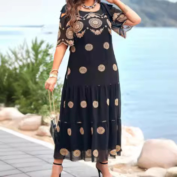 Rochie midi din poliester cu model geometric, guler rotund, mâneci scurte, talie relaxată