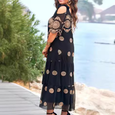 Rochie midi din poliester cu model geometric, guler rotund, mâneci scurte, talie relaxată