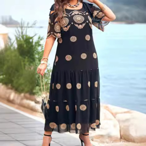 Rochie midi din poliester cu model geometric, guler rotund, mâneci scurte, talie relaxată