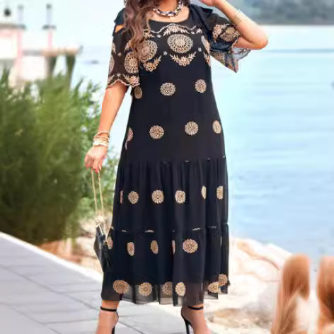 Rochie midi din poliester cu model geometric, guler rotund, mâneci scurte, talie relaxată