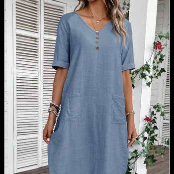 rochie cu decolteu în V, mâneci scurte, lungime medie, material bumbac și in, croială în A