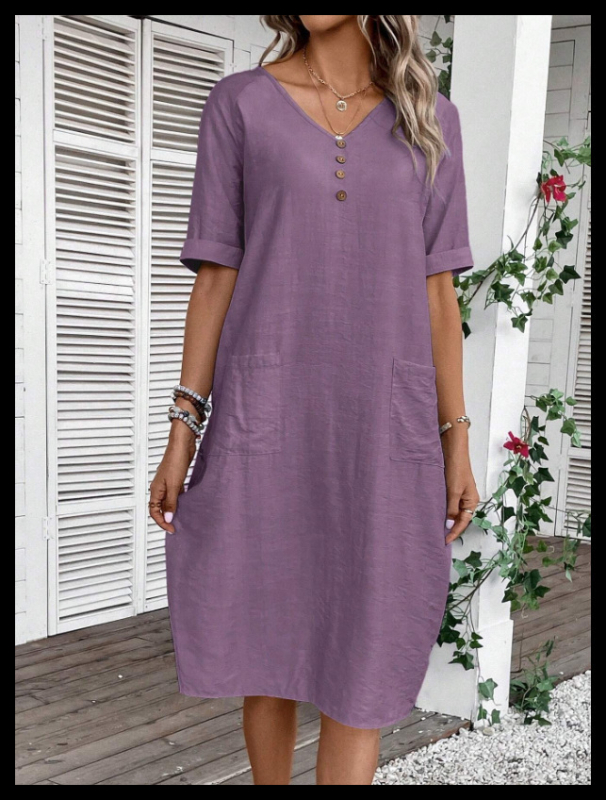 rochie cu decolteu în V, mâneci scurte, lungime medie, material bumbac și in, croială în A