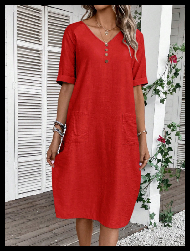 rochie cu decolteu în V, mâneci scurte, lungime medie, material bumbac și in, croială în A