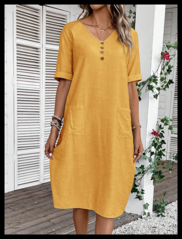 rochie cu decolteu în V, mâneci scurte, lungime medie, material bumbac și in, croială în A