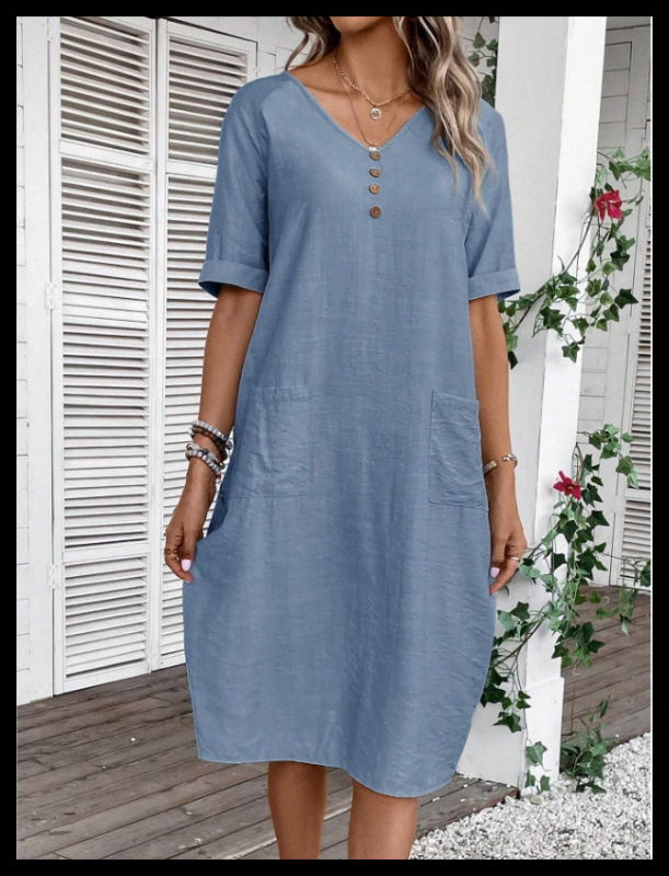 rochie cu decolteu în V, mâneci scurte, lungime medie, material bumbac și in, croială în A