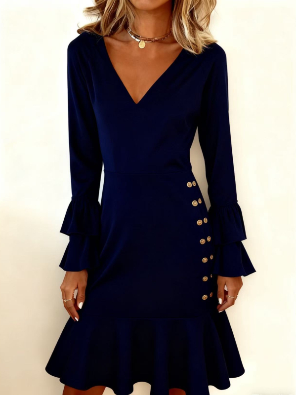 Rochie de femei cu decolteu în V, mâneci lungi, poliester stretch, detalii smocked, fustă cu volane