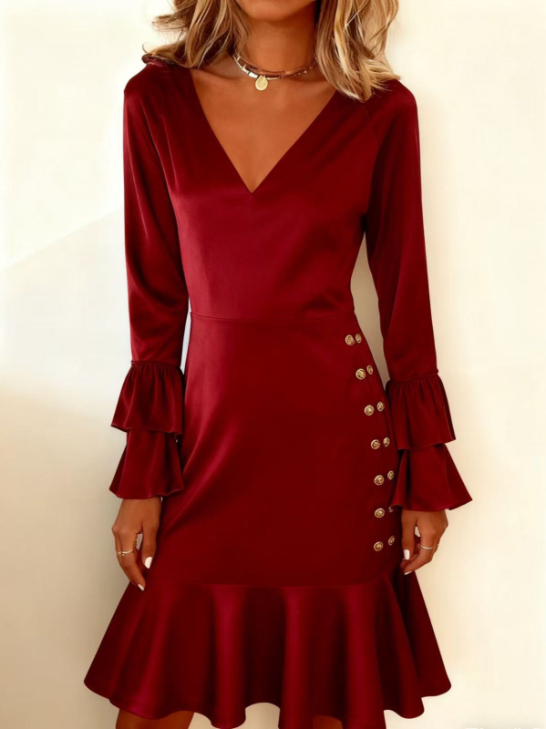 Rochie de femei cu decolteu în V, mâneci lungi, poliester stretch, detalii smocked, fustă cu volane