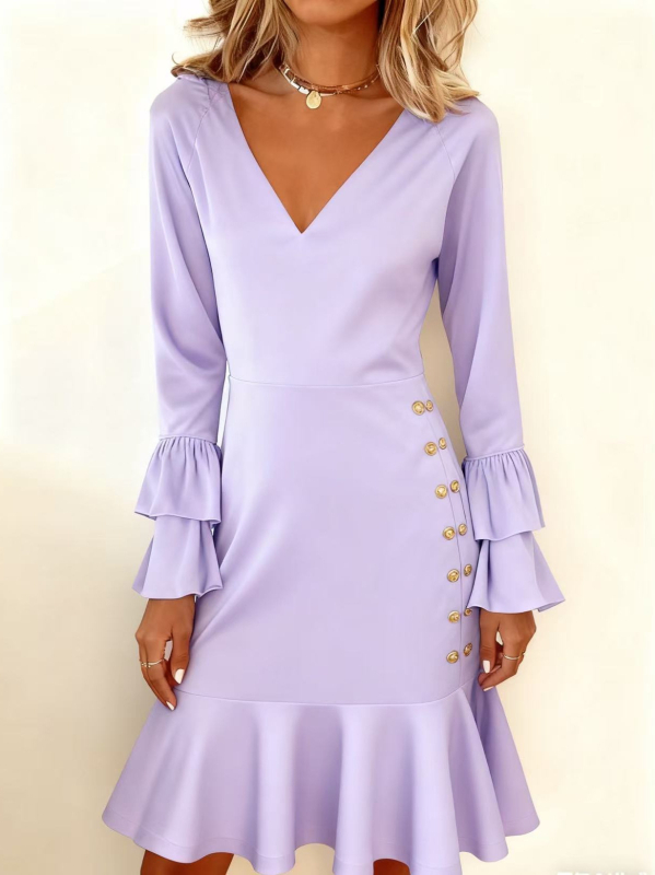 Rochie de femei cu decolteu în V, mâneci lungi, poliester stretch, detalii smocked, fustă cu volane