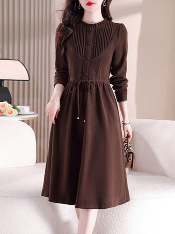 Rochie din poliester, culoare solidă, croi în A, guler rotund, mâneci lungi