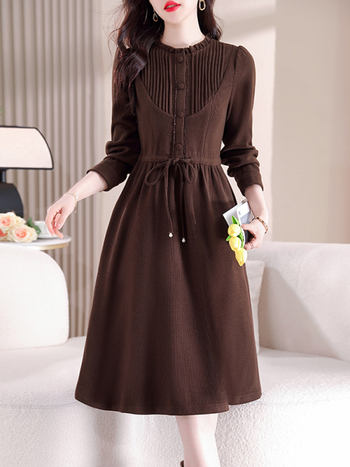 Rochie din poliester, culoare solidă, croi în A, guler rotund, mâneci lungi