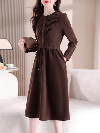 Rochie din poliester, culoare solidă, croi în A, guler rotund, mâneci lungi