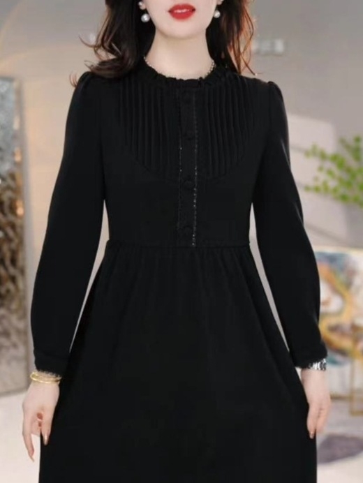 Rochie din poliester, culoare solidă, croi în A, guler rotund, mâneci lungi