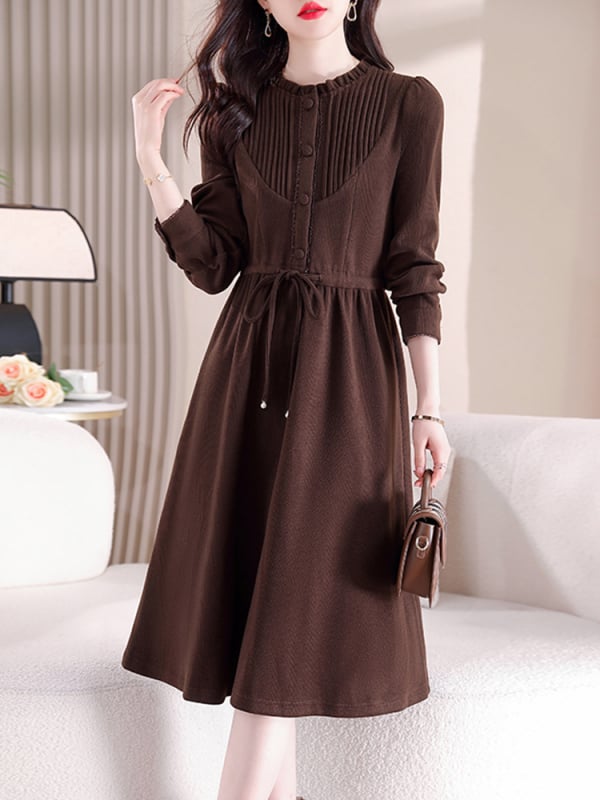 Rochie din poliester, culoare solidă, croi în A, guler rotund, mâneci lungi