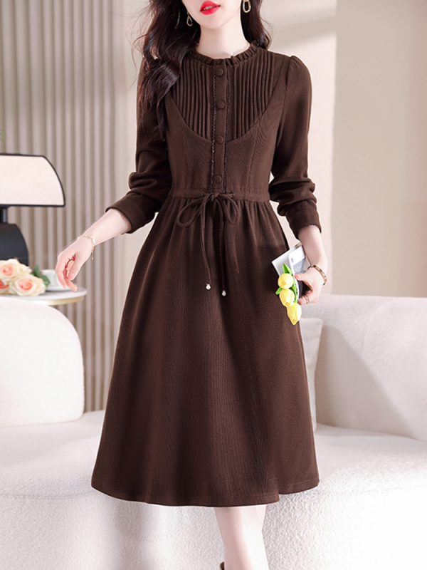 Rochie din poliester, culoare solidă, croi în A, guler rotund, mâneci lungi