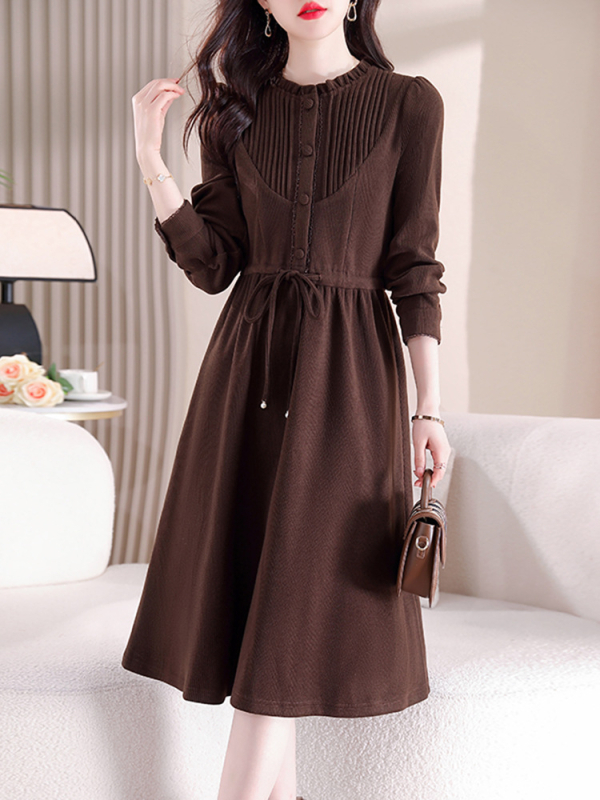 Rochie din poliester, culoare solidă, croi în A, guler rotund, mâneci lungi